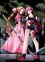 Rule 34 | 1990s (style), 2girls, aerith gainsborough, bow, brown hair, earrings, eudetenis, final fantasy, final fantasy vii, from behind, gloves, green eyes, hair bow, jewelry, long hair, looking at viewer, looking back, low-tied long hair, multiple girls, retro artstyle, skirt, staff, standing, tifa lockhart, very long hair, weapon