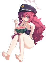 Rule 34 | 1girl, absurdres, alternate costume, barefoot, bikini, black bikini, blue archive, blue eyes, blush, breasts, chun jiang, collarbone, commentary request, eating, food, fruit, hair between eyes, halo, hat, highres, holding, holding food, holding fruit, holding spoon, iroha (blue archive), long bangs, long hair, open mouth, peaked cap, red hair, side-tie bikini bottom, simple background, sitting, small breasts, soles, solo, spoon, sweat, swimsuit, toes, tongue, tongue out, watermelon, white background