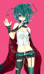 Rule 34 | 1girl, alternate costume, alternate hairstyle, antennae, asymmetrical clothes, asymmetrical legwear, bare shoulders, belt, bifrst, breasts, cape, cleavage, earrings, green hair, groin, hair over one eye, highres, jewelry, midriff, polka dot, polka dot background, red eyes, ring, short hair, small breasts, solo, thighhighs, torn clothes, touhou, uneven legwear, wriggle nightbug