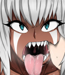 Rule 34 | 1girl, blue eyes, commentary request, dark skin, drooling, facial mark, finger in another&#039;s mouth, highres, long tongue, looking at viewer, mouth pull, original, pov, pov hands, saliva, sharp teeth, short hair, silver hair, slit pupils, solo focus, teeth, tongue, tongue out, uvula, zinga (zokusuke), zokusuke