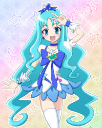 Rule 34 | 1girl, :d, blue choker, blue eyes, blue hair, blue skirt, brooch, choker, commentary request, cure marine, heart, heart brooch, heartcatch precure!, jewelry, kurumi erika, long hair, magical girl, open mouth, precure, rainbow background, revision, satousu, skindentation, skirt, smile, solo, star (symbol), starry background, thighhighs, v, very long hair, white thighhighs, wrist cuffs