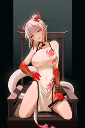 Rule 34 | 1girl, :d, absurdres, arknights, bare shoulders, bead bracelet, beads, bracelet, breasts, chair, china dress, chinese clothes, covered navel, dress, folded fan, folding fan, groin, hand fan, hand on own hip, head tilt, highres, holding, holding fan, horns, jewelry, large breasts, looking at viewer, medium hair, multicolored hair, nian (arknights), nian (unfettered freedom) (arknights), official alternate costume, open mouth, panana, pointy ears, purple eyes, red hair, seiza, silver hair, sitting, sleeveless, sleeveless dress, smile, solo, streaked hair, tail, thighs, white dress