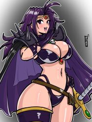 Rule 34 | 1girl, breasts, cape, cleavage, gloves, highres, large breasts, long hair, naga the serpent, navel, paddy g (terrybrogard), purple eyes, purple hair, revealing clothes, slayers, solo, sword, weapon