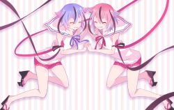 Rule 34 | 2others, alternate hair length, alternate hairstyle, arm ribbon, blue hair, blue ribbon, collar, commentary, closed eyes, geta, grin, gynoid talk, holding hands, interlocked fingers, kisalaundry, meika hime, meika mikoto, multiple others, neck ribbon, pink hair, red ribbon, red shorts, ribbon, sailor collar, shirt, short eyebrows, short hair, short shorts, shorts, sleeveless, sleeveless shirt, smile, striped, striped background, thick eyebrows, vocaloid, white collar, white shirt