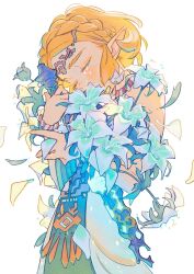 Rule 34 | 1girl, blonde hair, blush, braid, closed eyes, crying, dress, eyelashes, falling petals, flower, green flower, head down, highres, holding, holding sword, holding weapon, jewelry, necklace, nintendo, oharu-chan, petals, pointy ears, princess zelda, sad, solo, sword, tears, the legend of zelda, weapon, white background