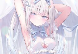 Rule 34 | 1girl, ame usari, armpits, arms behind head, arms up, bandaid, bandaid on arm, blue bow, blush, bow, breasts, cleavage, cleavage cutout, closed mouth, clothing cutout, commentary request, dress, earrings, frilled dress, frills, grey eyes, hair bow, heart cutout, jewelry, long hair, looking at viewer, medium breasts, original, sleeveless, sleeveless dress, solo, two side up, upper body, white dress, white hair, wing hair ornament