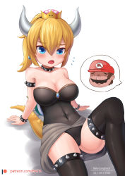 Rule 34 | 1boy, 1girl, batazungharn, blonde hair, blue eyes, bowsette, brooch, choker, crown, disembodied head, earrings, facial hair, fangs, hair between eyes, hat, highres, horns, humanization, jewelry, mario, mario (series), mini crown, mustache, new super mario bros. u deluxe, nintendo, parted bangs, parted lips, ponytail, simple background, speech bubble, spiked choker, spikes, super crown, thighhighs, thighs, tiara, white background