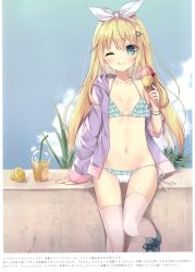 Rule 34 | 1girl, ;q, absurdres, aqua eyes, arm support, bare shoulders, bikini, black footwear, blonde hair, blue bikini, blue sky, blush, breasts, closed mouth, cloud, collarbone, cup, day, disposable cup, drink, drinking straw, food, fruit, hair ornament, hair ribbon, hairclip, halterneck, halterneck, highres, holding, holding food, hood, hood down, hoshi (snacherubi), ice cream, jacket, juice, lemon, long hair, long sleeves, looking at viewer, navel, off shoulder, one eye closed, open clothes, open jacket, original, pink thighhighs, purple jacket, ribbon, scan, shoes, side-tie bikini bottom, sky, small breasts, smile, solo, star (symbol), swimsuit, thighhighs, tongue, tongue out, white ribbon