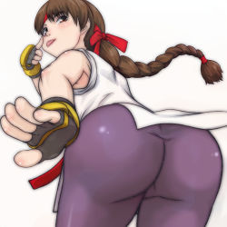 Rule 34 | 1girl, ass, ass focus, braid, braided ponytail, brown eyes, brown hair, highres, looking at viewer, looking back, pout, solo, spanking, spanking self, t jiroo (ringofriend), the king of fighters, tongue, tongue out, yuri sakazaki