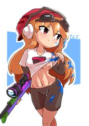 Rule 34 | 1girl, absurdres, blush, breasts, flashing, glitch productions, goggles, gun, hat, highres, long hair, medium breasts, meggy spletzer, nipples, orange hair, paint, red eyes, rifle, shorts, smg4, sniper rifle, solo, weapon