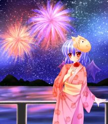 Rule 34 | 1girl, \n/, aerial fireworks, alternate costume, bat wings, blue hair, blush, candy apple, doku (lose faith), fireworks, floral print, flower, food, forest, japanese clothes, kimono, lake, light smile, looking at viewer, mountain, nature, new mask of hope, night, night sky, obi, pink kimono, railing, red eyes, reflection, remilia scarlet, rose, sash, short hair, sky, solo, star (sky), starry sky, touhou, toyosatomimi no miko, wings, yukata