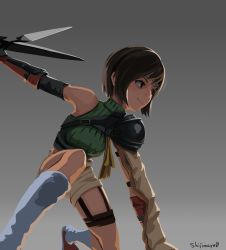 arm support, armor, artist name, bare shoulders, black eyes, brown hair, commentary, cropped sweater, elbow gloves, final fantasy, final fantasy vii, gloves, gradient, gradient background, green sweater, grey background, headband, highres, holding, holding weapon, huge weapon, looking ahead, orange footwear, outstretched arm, ribbed sweater, shijimayu0, shoes, short hair, shuriken, signature, sleeveless, sleeveless turtleneck, smile, socks, squatting, sweater, turtleneck, weapon, white legwear, yuffie kisaragi