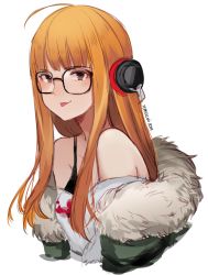 Rule 34 | 1girl, :p, ahoge, bare shoulders, behind-the-head headphones, black-framed eyewear, black bra, bra, brown eyes, closed mouth, commentary, dated, english commentary, fur-trimmed jacket, fur trim, glasses, green jacket, headphones, highres, jacket, long hair, looking at viewer, off-shoulder jacket, off shoulder, orange hair, persona, persona 5, sakura futaba, signature, simple background, smile, solo, temachii, tongue, tongue out, underwear, upper body, white background