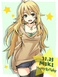 Rule 34 | 1girl, ahoge, bikini, black thighhighs, blonde hair, blush, breasts, cleavage, courreges ace, dated, green eyes, happy birthday, hoshii miki, idolmaster, idolmaster (classic), jewelry, long hair, long sleeves, looking at viewer, necklace, open mouth, shorts, solo, star (symbol), sweater, swimsuit, thighhighs