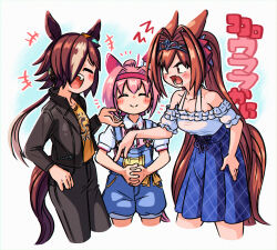 Rule 34 | +++, 3girls, :d, ^ ^, animal ears, appleq, black jacket, black pants, blue skirt, blush, blush stickers, bow, breasts, brown hair, cleavage, closed eyes, closed mouth, collared shirt, commentary request, cropped legs, daiwa scarlet (umamusume), dress shirt, ear bow, facing viewer, frilled shirt, frills, hair over one eye, haru urara (umamusume), highres, horse ears, horse girl, horse tail, interlocked fingers, jacket, leaning forward, long hair, low ponytail, medium breasts, multiple girls, neck ribbon, off-shoulder shirt, off shoulder, open clothes, open jacket, open mouth, orange shirt, overall shorts, overalls, own hands clasped, own hands together, pants, pink hair, pink ribbon, pink shirt, pleated skirt, ponytail, puffy short sleeves, puffy sleeves, ribbon, shirt, short sleeves, skirt, smile, tail, tiara, translation request, twintails, umamusume, vodka (umamusume), white bow, white shirt