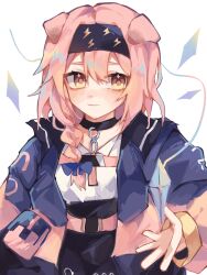 Rule 34 | 1girl, animal ears, arknights, black choker, black hairband, bow, chinese commentary, choker, closed mouth, commentary request, crystal, goldenglow (arknights), hair between eyes, hair bow, hairband, highres, jacket, light smile, long hair, long sleeves, looking at viewer, pink hair, pink jacket, purple bow, purple jacket, shirt, simple background, solo, strap, upper body, white background, white shirt, xiaochimeishuixing, yellow eyes