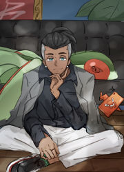 Rule 34 | 1girl, absurdres, alternate costume, black hair, black shirt, buttons, closed mouth, collared shirt, commentary request, couch, creatures (company), earrings, echizen (n fns17), flygon, game freak, gen 3 pokemon, gen 4 pokemon, green legwear, grey jacket, half-closed eyes, hand up, highres, indoors, jacket, jacket on shoulders, jewelry, looking at viewer, nintendo, pants, pokemon, pokemon (creature), pokemon swsh, raihan (pokemon), ring, rotom, rotom phone, shirt, shoes, short hair, sitting, smile, socks, undercut, white pants