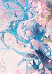 Rule 34 | 1girl, absurdres, black skirt, black sleeves, blue butterfly, blue eyes, blue hair, bug, butterfly, detached sleeves, floral background, flower, hatsune miku, highres, insect, long hair, looking at viewer, maccha (mochancc), number tattoo, open mouth, pink flower, pleated skirt, ring hair ornament, shirt, sitting, skirt, sleeveless, sleeveless shirt, solo, tattoo, tree, twintails, very long hair, vocaloid, white shirt