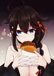 Rule 34 | 1girl, bare shoulders, blue eyes, breasts, brown hair, burger, food, hair flaps, highres, himeyamato, holding, holding food, kantai collection, large breasts, off shoulder, open clothes, self-upload, shigure (kancolle), shigure kai ni (kancolle), solo, upper body