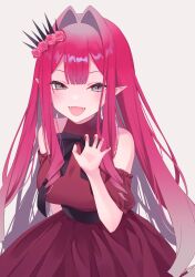Rule 34 | 1girl, alternate costume, baobhan sith (fate), bare shoulders, black ribbon, blush, breasts, commentary request, dress, fangs, fate/grand order, fate (series), fingernails, flower, grey background, grey eyes, hair between eyes, hair flower, hair intakes, hair ornament, highres, long hair, looking at viewer, medium breasts, neck ribbon, open mouth, pointy ears, red dress, red flower, red hair, red nails, red rose, ribbon, rose, shichishino, simple background, smile, solo, very long hair, white background