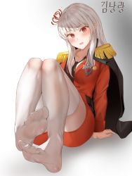 Rule 34 | 1girl, absurdres, bad id, bad pixiv id, dress, feet, flower, foot focus, foreshortening, full body, hair flower, hair ornament, highres, long hair, looking at viewer, military, military uniform, no shoes, original, pharamacom, red dress, red eyes, socks, soles, thighhighs, toes, uniform, white hair, white thighhighs