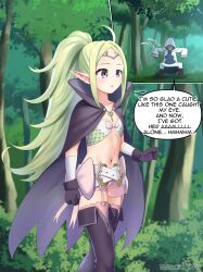 Rule 34 | 1boy, 1girl, absurdres, ahoge, belt, black footwear, blush, boots, bow, breasts, cape, circlet, collarbone, commentary, commission, english commentary, english text, feet out of frame, fire emblem, fire emblem awakening, fire emblem heroes, forehead, forest, gloves, green hair, highres, hood, hood up, hooded robe, kiran (fire emblem), kiran (male) (fire emblem), long hair, maozi dan, nature, navel, nintendo, nowi (fire emblem), open mouth, outdoors, pink bow, pink shorts, pink thighhighs, pointy ears, ponytail, purple cape, purple eyes, purple footwear, purple gloves, robe, short shorts, shorts, sidelocks, small breasts, speech bubble, standing, stomach, thigh boots, thighhighs, tree, twitter username, variant set, very long hair, white belt, white robe