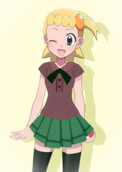 Rule 34 | 1girl, alternate costume, black thighhighs, blonde hair, blue eyes, blush, bonnie (pokemon), breasts, brown shirt, creatures (company), drop shadow, female focus, frilled skirt, frills, game freak, green skirt, hair ornament, happy, highres, holding, holding poke ball, kouzuki (reshika213), miniskirt, nintendo, aged up, one eye closed, open mouth, pleated skirt, poke ball, poke ball (basic), pokemon, pokemon (anime), pokemon xy (anime), shirt, short hair, short sleeves, side ponytail, simple background, skirt, small breasts, smile, solo, standing, thighhighs, wink, yellow background, zettai ryouiki