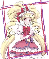 1girl aisaki_emiru blonde_hair bow closed_mouth cure_macherie drill_hair earrings gloves hair_bow heart_pouch highres hugtto!_precure jewelry magical_girl okayashi pom_pom_(clothes) pom_pom_earrings precure red_eyes simple_background smile solo twin_drills twintails white_gloves