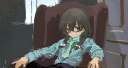 Rule 34 | 1girl, absurdres, armchair, black hair, blue shirt, bow, braid, cevio, chair, closed mouth, collared shirt, commentary request, dot mouth, expressionless, glasses, green eyes, green necktie, hair bow, hair over shoulder, half-closed eyes, hanakuma chifuyu, highres, indoors, kabuyama kaigi, long sleeves, low twin braids, multiple hair bows, necktie, on chair, pinky out, reclining, shirt, solo, synthesizer v, twin braids, white bow