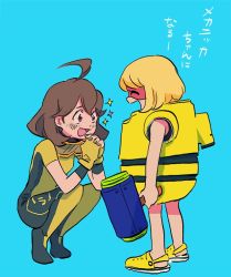 Rule 34 | 2girls, ahoge, arms (game), bad id, bad twitter id, blonde hair, blue background, bob cut, bodysuit, brown hair, character request, child, cosplay, crocs, domino mask, fingerless gloves, full body, gloves, goggles, goggles around neck, katou (osoraku), mask, mechanica (arms), mechanica (arms) (cosplay), multiple girls, toy hammer, protected link, purple eyes, simple background, smile, sparkle, squatting, standing, translated, yellow gloves