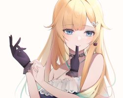 Rule 34 | 1girl, aizawa ema, bare shoulders, black choker, black gloves, blonde hair, blue dress, blue eyes, blue hair, choker, criss-cross halter, dress, flower, gloves, gradient hair, hair flower, hair ornament, halterneck, highres, long hair, looking at viewer, mouth hold, multicolored hair, nif7y, simple background, smile, solo, upper body, virtual youtuber, vspo!, white background