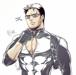 Rule 34 | 1boy, alternate costume, backpack, bag, bara, beard, bodysuit, bursting pectorals, chris redfield, commentary request, covered abs, facial hair, large pectorals, latex, latex bodysuit, male focus, mature male, motion lines, muscular, muscular male, pectoral cleavage, pectorals, resident evil, shirt, short hair, sideburns, snaaaking, solo, stubble, sunglasses, taut clothes, taut shirt, unzipped, upper body