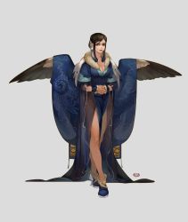 Rule 34 | 1girl, bird girl, bird wings, breasts, brown eyes, brown hair, chinese clothes, cleavage, earrings, feather earrings, feathers, guttia, jewelry, original, own hands clasped, own hands together, pelvic curtain, short sleeves, sidelocks, solo, wide sleeves, wings