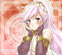 Rule 34 | 1girl, blush, braid, fire emblem, fire emblem awakening, gloves, hairband, hands on own cheeks, hands on own face, jewelry, long hair, lots of jewelry, nintendo, olivia (fire emblem), pink hair, ponytail, purple eyes, side braid, smile, soar-star, solo, twin braids