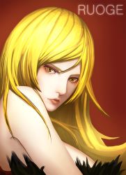Rule 34 | 1girl, bakemonogatari, blonde hair, breasts, commentary request, dress, kiss-shot acerola-orion heart-under-blade, large breasts, lips, long hair, looking at viewer, looking to the side, minami koyogi, monogatari (series), oshino shinobu, portrait, red background, solo, strapless, strapless dress, yellow eyes