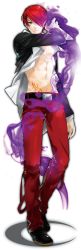 Rule 34 | 1boy, belt, black jacket, choker, fire, hair over one eye, highres, jacket, male focus, muscular, open clothes, open jacket, pants, purple fire, pyrokinesis, red eyes, red hair, red pants, rekkuja, solo, the king of fighters, yagami iori