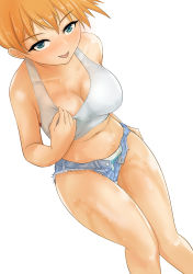 Rule 34 | 1girl, absurdres, areola slip, ass, asymmetrical hair, blue eyes, blush, breasts, cleavage, creatures (company), game freak, gincha, highres, legs, looking at viewer, medium breasts, misty (pokemon), nintendo, orange hair, panties, pokemon, pokemon lgpe, ponytail, shorts, side ponytail, solo, tongue, tongue out, underwear, wet