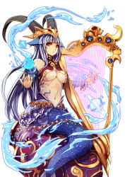 1girl animal_ears bare_shoulders blunt_bangs breasts closed_mouth curled_horns detached_sleeves earrings fingernails genyaky harp horns instrument jewelry long_hair long_sleeves looking_at_viewer magic medium_breasts mermaid monster_girl original purple_hair red_eyes saturn_(planet) sitting solo underboob very_long_hair water