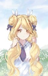 Rule 34 | 1girl, absurdres, blue bow, blue neckwear, blue sky, bow, brown eyes, closed mouth, cloud, collared shirt, commentary request, date a live, day, double bun, hair bow, hair bun, hair ribbon, hands up, highres, holding, holding own hair, hoshimiya mukuro, long hair, looking at viewer, low twintails, mo (pixiv9929995), outdoors, ribbon, shirt, sky, solo, twintails, very long hair, white ribbon, white shirt