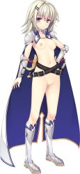 Rule 34 | 1girl, absurdres, aikawa tatsuki, armor, armored boots, belt, belt skirt, boots, breasts, cape, censored, crossed belts, dagger, full body, hair ornament, hairclip, hand on own hip, highres, knife, looking at viewer, mea hartlean, mosaic censoring, naked cape, navel, nipples, nude, purple eyes, pussy, ryuukishi bloody saga, sheath, sheathed, short hair, small breasts, smile, solo, transparent background, weapon, white hair