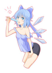 Rule 34 | 1girl, bad id, bad pixiv id, bare shoulders, bike shorts, blue eyes, blue hair, bow, cirno, female focus, food, hair bow, heripu, matching hair/eyes, popsicle, short hair, solo, strap slip, touhou, white background, wings