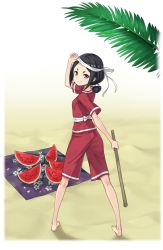 Rule 34 | 1girl, barefoot, beach, black eyes, black hair, unworn blindfold, feet, floral print, food, fruit, full body, highres, looking at viewer, looking back, official art, outdoors, princess principal, princess principal game of mission, red shorts, sand, short hair, short ponytail, shorts, smile, solo, standing, stick, suikawari, toudou chise, towel, transparent background, watermelon
