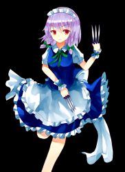Rule 34 | &gt;:(, 1girl, apron, between fingers, black background, blue dress, bow, braid, breasts, closed mouth, cowboy shot, dress, dual wielding, frilled dress, frills, frown, green bow, green ribbon, hair bow, holding, holding knife, izayoi sakuya, knife, knives between fingers, looking at viewer, maid, maid headdress, neck ribbon, puffy short sleeves, puffy sleeves, red eyes, ribbon, sakizaki saki-p, short sleeves, solo, touhou, twin braids, v-shaped eyebrows, waist apron, wrist cuffs