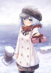 Rule 34 | 10s, 1girl, black thighhighs, blue eyes, blush, box, buttons, commentary request, double-breasted, gift, gift box, hat, hibiki (kancolle), jacket, kantai collection, long sleeves, ocean, oukatihiro, pier, pleated skirt, silver hair, skirt, solo, thighhighs, valentine, wavy mouth, winter clothes, zettai ryouiki