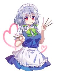 Rule 34 | 1girl, absurdres, apron, between fingers, blue skirt, blue vest, bow, bowtie, braid, breasts, cropped legs, food, green bow, green bowtie, grey hair, hair bow, heart, highres, holding, holding food, holding pocky, izayoi sakuya, kaoling, looking at viewer, maid headdress, medium breasts, medium hair, mouth hold, pocky, red eyes, shirt, short sleeves, skirt, smile, solo, strawberry pocky, touhou, twin braids, upper body, vest, waist apron, white background, white shirt