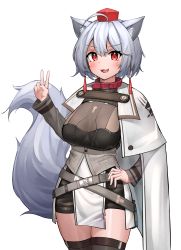 Rule 34 | 1girl, absurdres, ahoge, alternate costume, animal ear fluff, animal ears, arknights, black shorts, black thighhighs, blush, breasts, cape, capelet, collar, commentary request, cosplay, deaver, fang, grey hair, hair between eyes, hand on own hip, hand up, hat, highres, inubashiri momiji, large breasts, long sleeves, looking at viewer, open mouth, red collar, red eyes, short hair, shorts, simple background, smile, solo, standing, tail, thighhighs, thighs, tokin hat, touhou, v, whislash (arknights), whislash (arknights) (cosplay), white background, white cape, white capelet, wolf ears, wolf tail