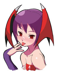 Rule 34 | 1girl, bare shoulders, capcom, collarbone, cum, demon girl, imaizumi teruhiko, leotard, licking, licking finger, lilith aensland, looking at viewer, purple hair, red eyes, short hair, simple background, solo, strapless, strapless leotard, vampire (game), white background