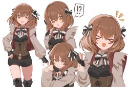 Rule 34 | !?, 1girl, aroha j, boots, brown hair, highres, multiple views, open mouth, orange eyes, solo, speech bubble