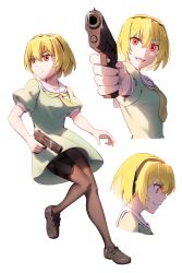 Rule 34 | 1girl, black footwear, black hairband, black pantyhose, blonde hair, breasts, commentary request, dconan owo, dress, green dress, grin, gun, hair between eyes, hairband, handgun, highres, higurashi no naku koro ni, holding, holding gun, holding weapon, holster, houjou satoko, loafers, looking at viewer, multiple views, neckerchief, open mouth, pantyhose, profile, red eyes, sailor collar, shoes, short hair, simple background, small breasts, smile, solo, thigh holster, weapon, white background, white sailor collar, yellow neckerchief