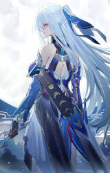 Rule 34 | 1girl, absurdres, bare shoulders, black gloves, blue hair, chinese commentary, commentary, cowboy shot, detached sleeves, echj, from behind, gloves, highres, honkai: star rail, honkai (series), jingliu (honkai: star rail), long hair, long sleeves, looking at viewer, looking back, moon, orange eyes, outdoors, solo, standing, very long hair